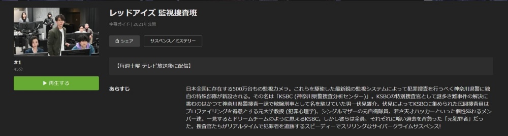 ドラマ見逃し｜レッドアイズ 監視捜査班の１話〜全話無料視聴配信まとめ