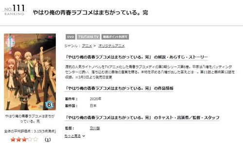 やはり俺の青春ラブコメはまちがっている。完 の１話〜全話アニメ無料視聴配信